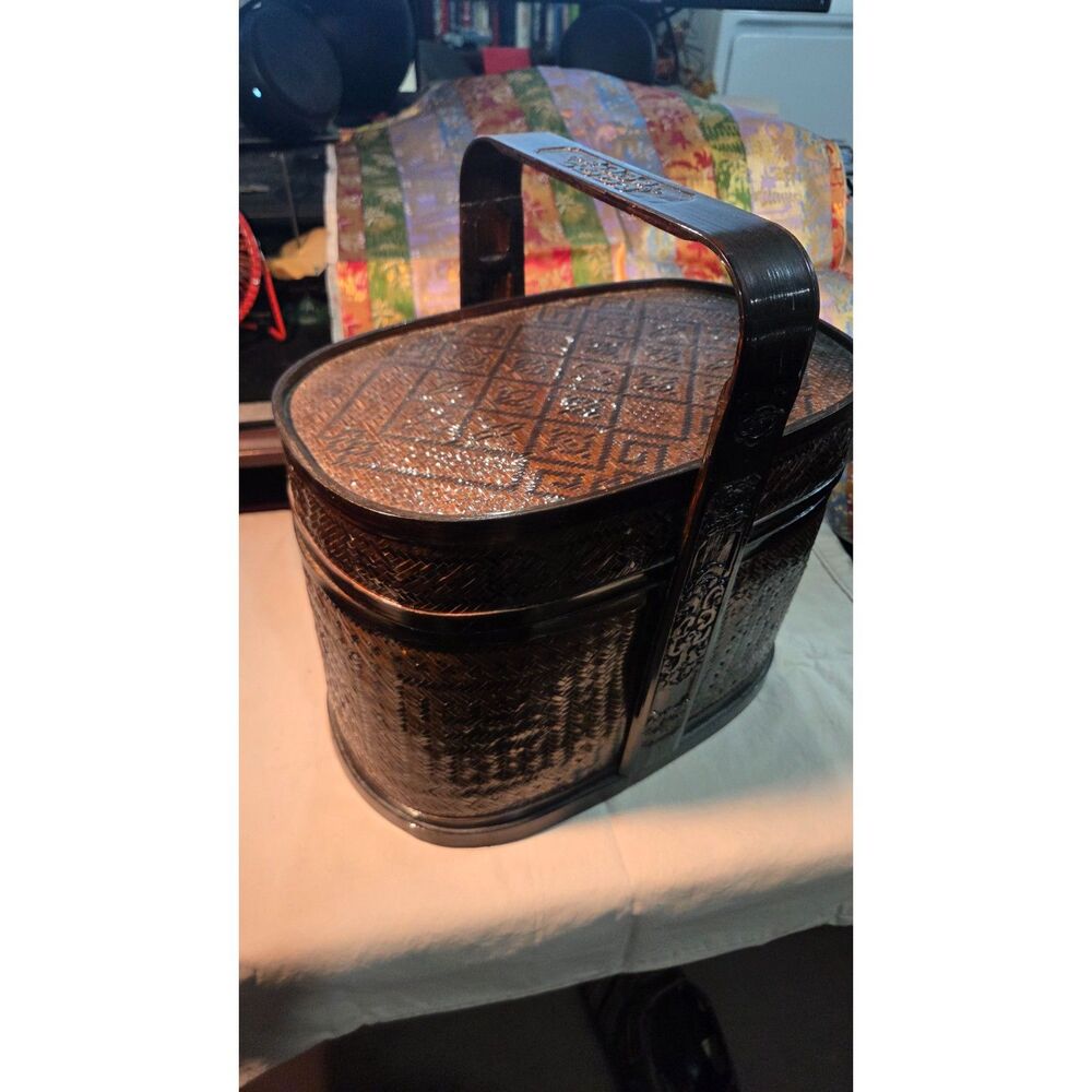 Vintage Chinese Wedding Basket 2 Tier Stacking Lacquer Bamboo Box Dillard Import